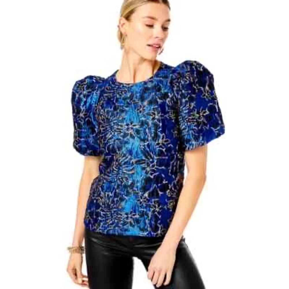 💓Lilly Pulitzer Prati Top XL Blue Grotto Metallic Floral Brocade Puff Sleeve NWT